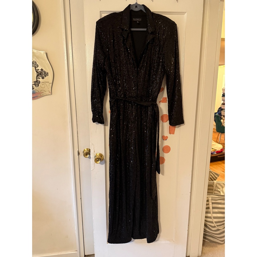 ELOQUII Black Sequin Long Sleeve Wide Leg Jumpsuit Size 20 Notched Lapel Belted